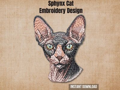 Cover graphic featuring a full-color Sphynx cat face embroidery on a textured burlap background.