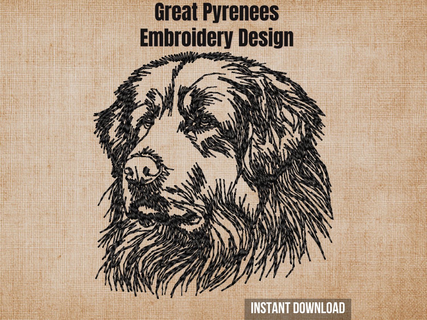 Cover graphic featuring a Great Pyrenees face embroidery on a textured burlap background.