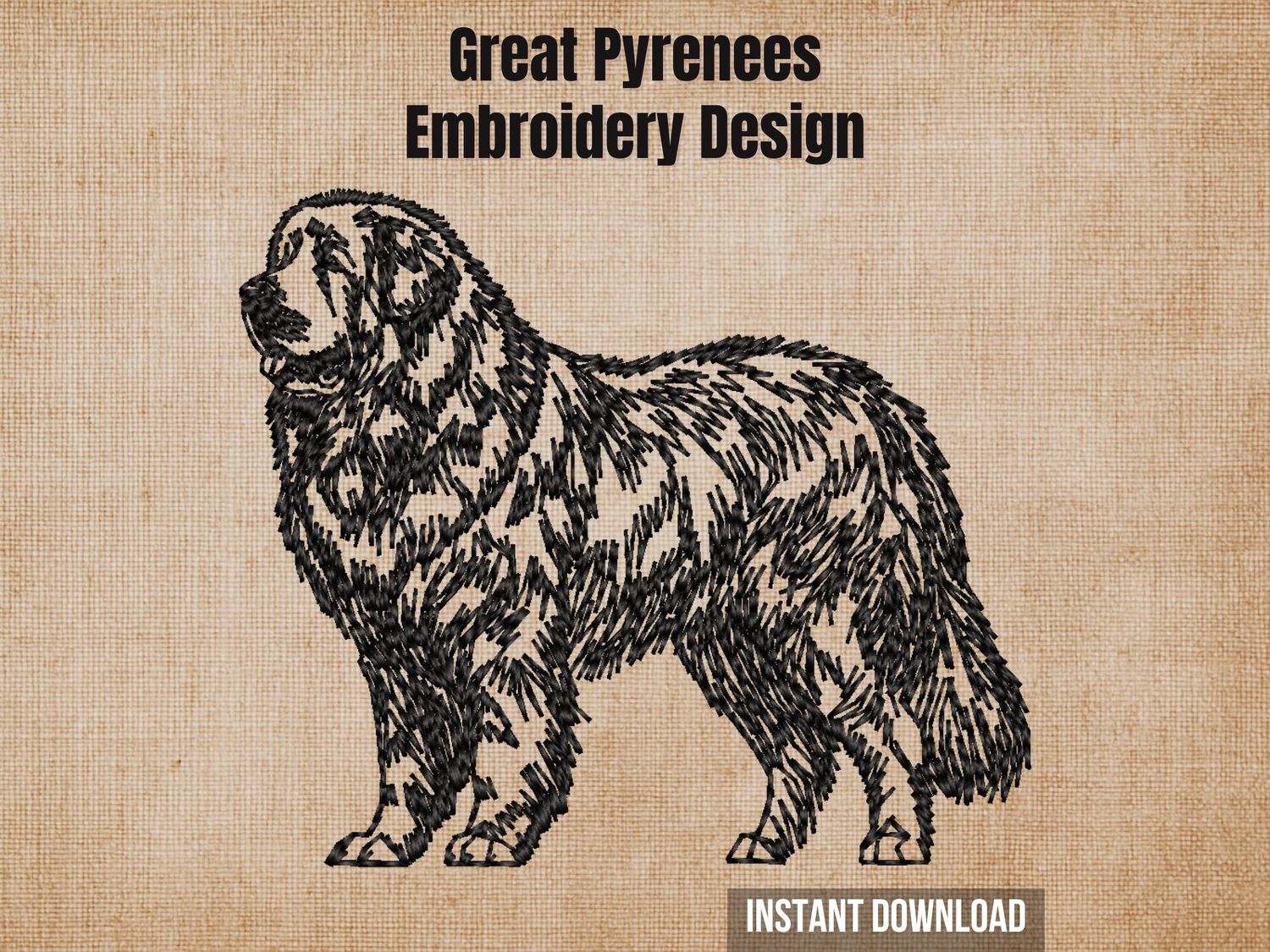 Great Pyrenees embroidery design, full body outline of a standing Great Pyrenees dog in black on a beige background.