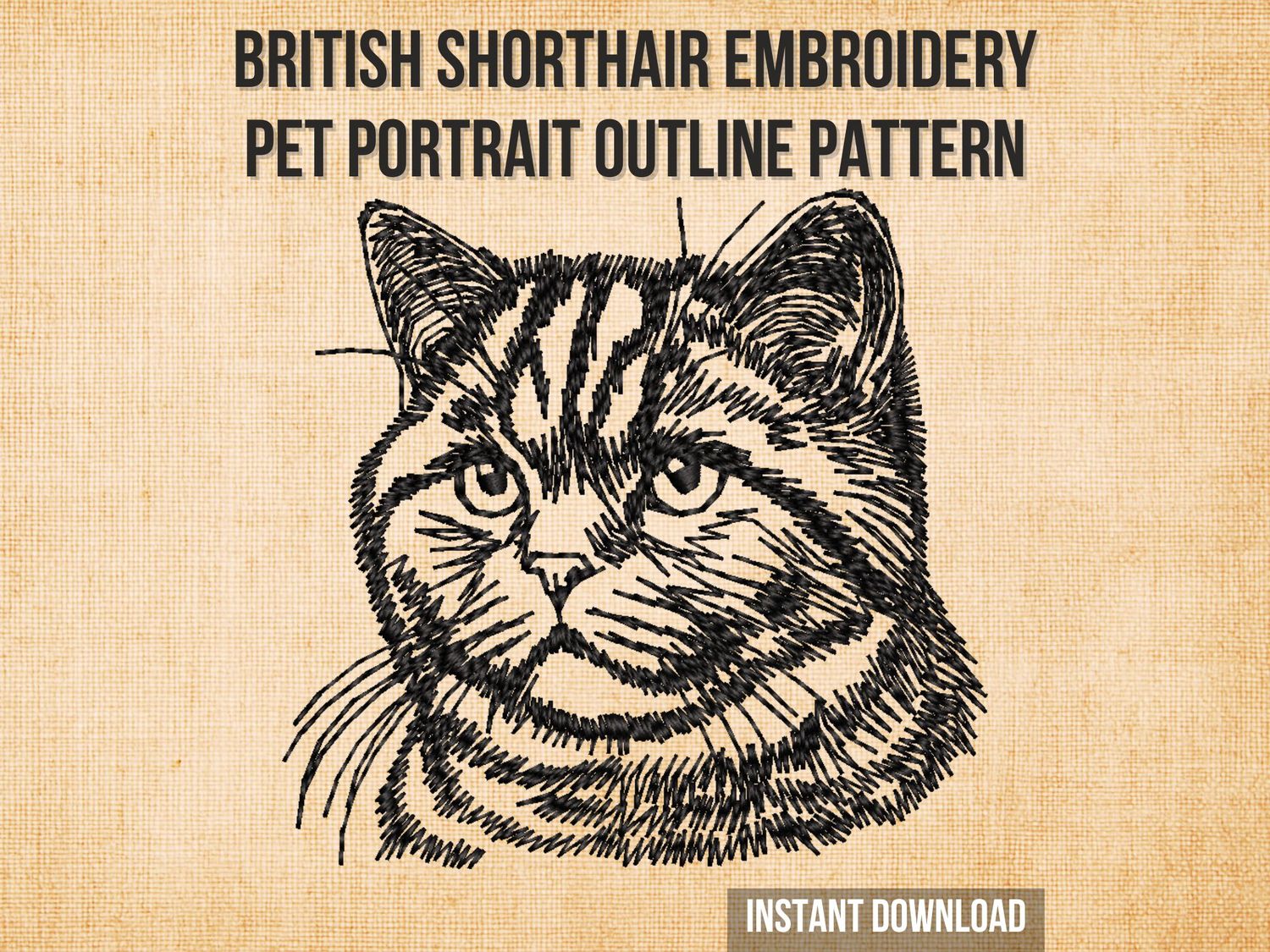 Line embroidery of a British Shorthair cat head with detailed fur texture and calm expression on a light fabric background.
