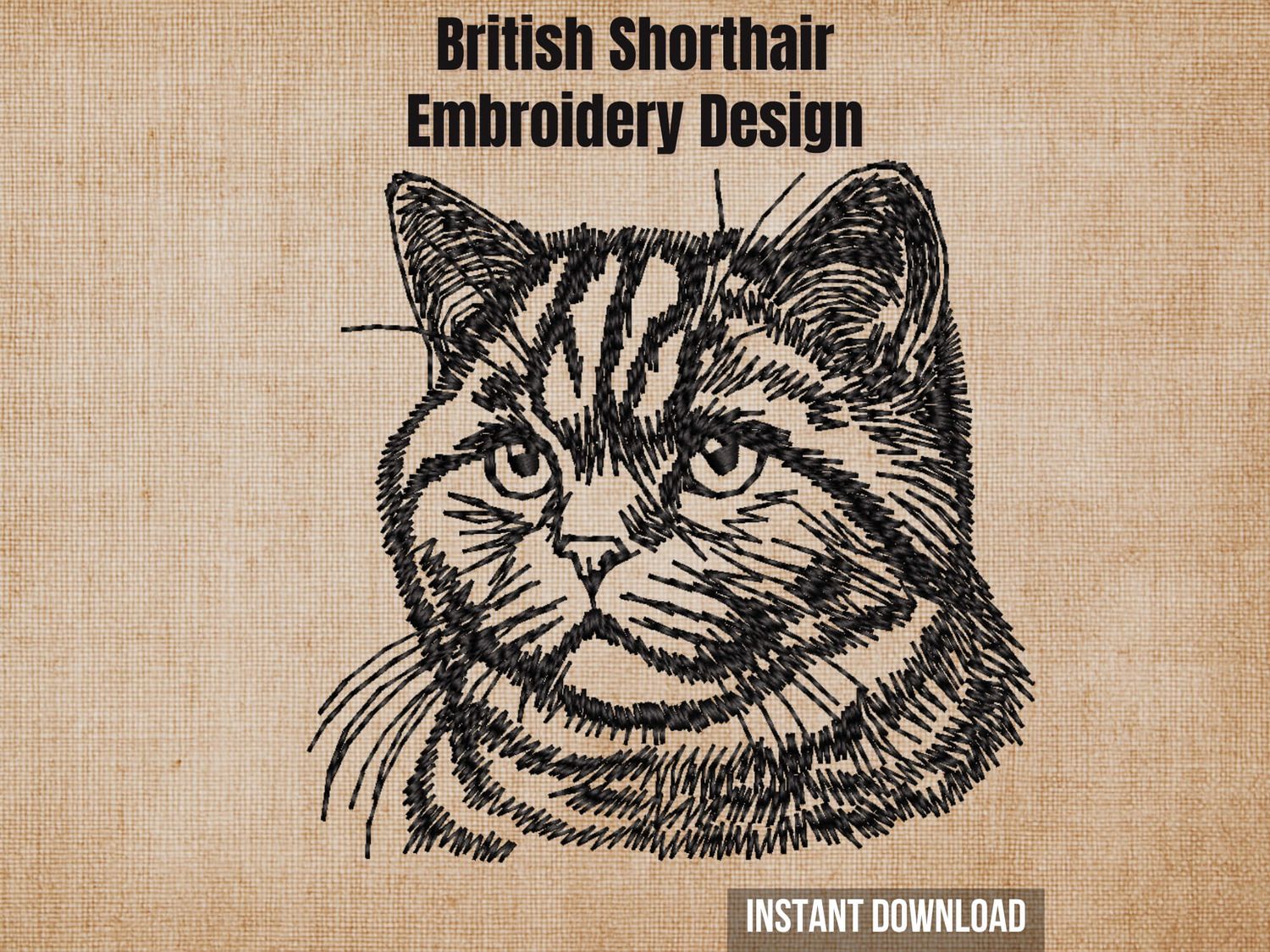 Graphic of a British Shorthair embroidery design on tan fabric with 'Instant Download' text.