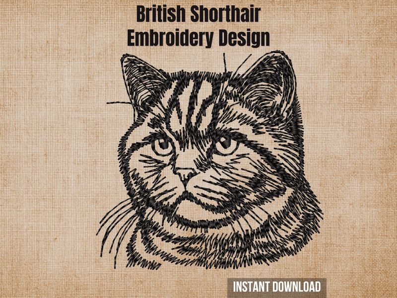 Graphic of a British Shorthair embroidery design on tan fabric with 'Instant Download' text.