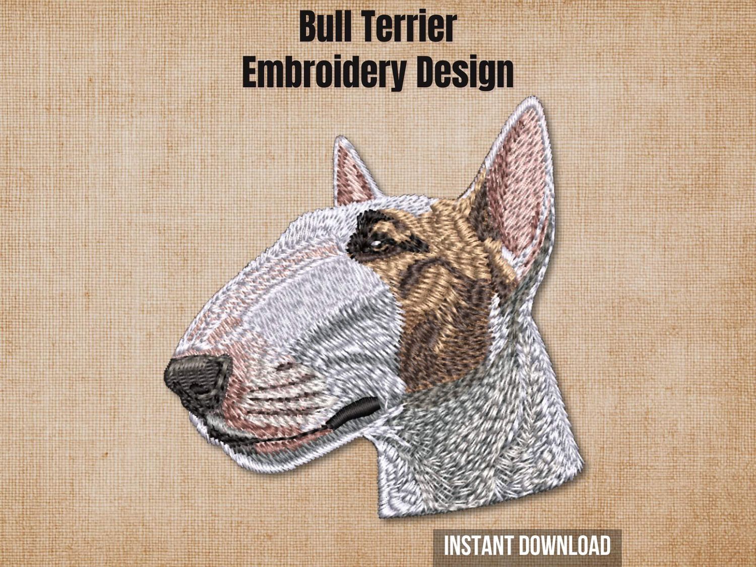 Graphic of a Bull Terrier embroidery design on tan fabric with 'Instant Download' text.