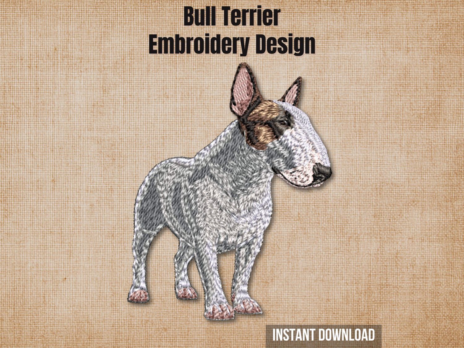 Graphic of a Bull Terrier full-body embroidery design on tan fabric with 'Instant Download' text.