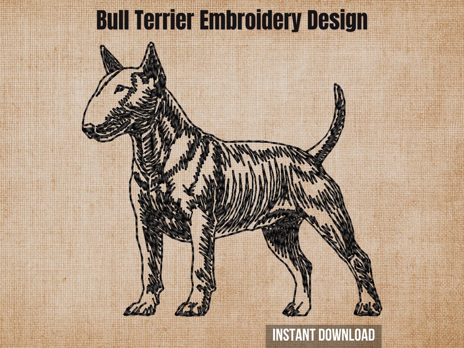 Bull Terrier Embroidery Design, black outline of a full-body Bull Terrier on a tan background.