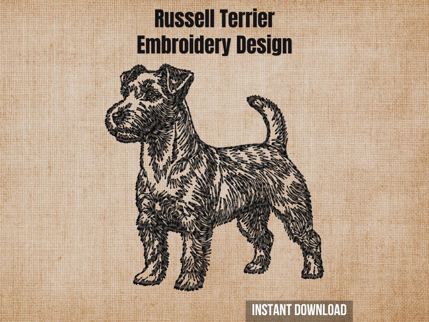 Russell Terrier embroidery design, full body outline of a Russell Terrier dog in black on a beige background, pet owner keepsake.