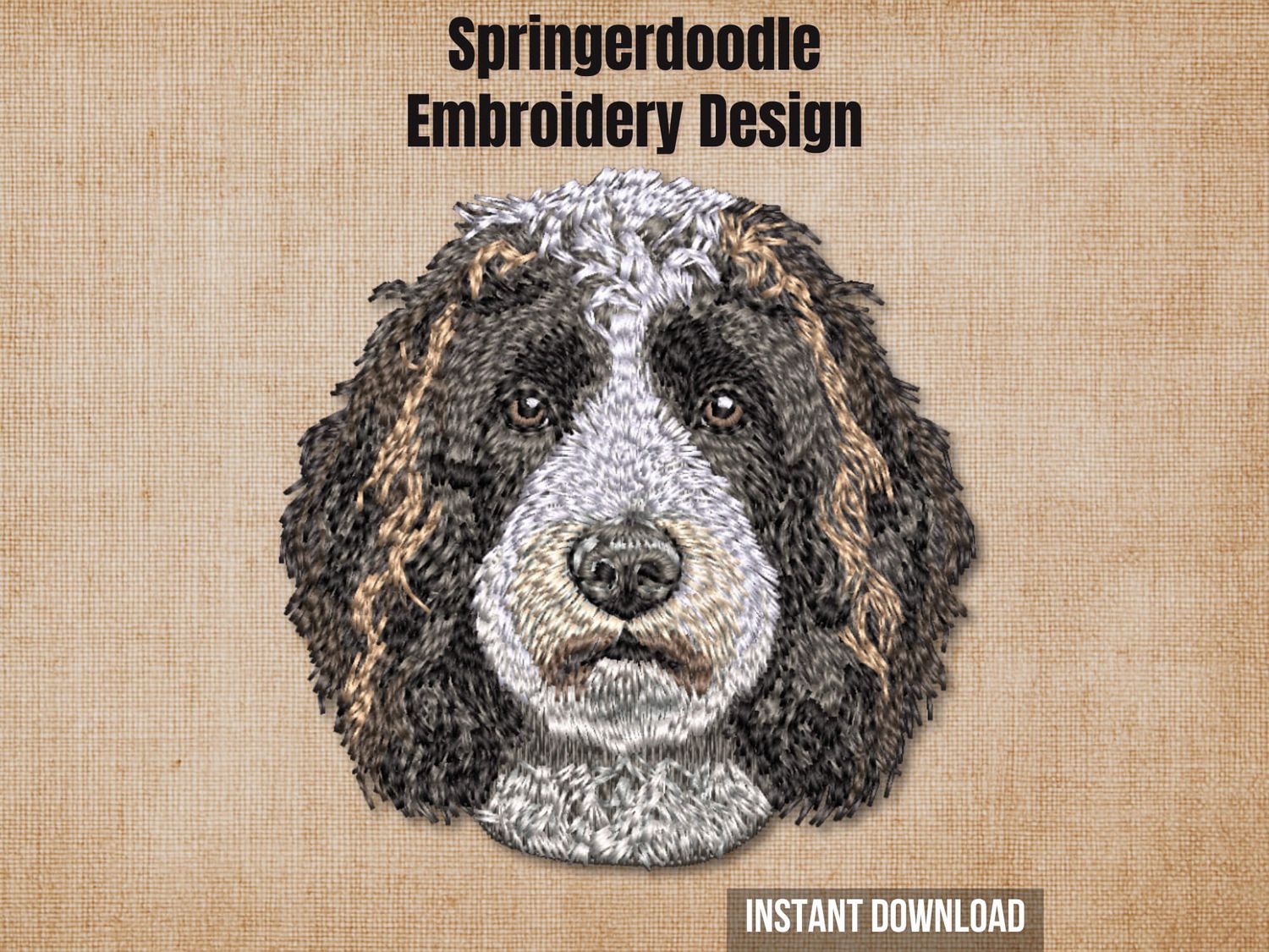 Graphic of a Springerdoodle embroidery design on tan fabric with 'Instant Download' text.