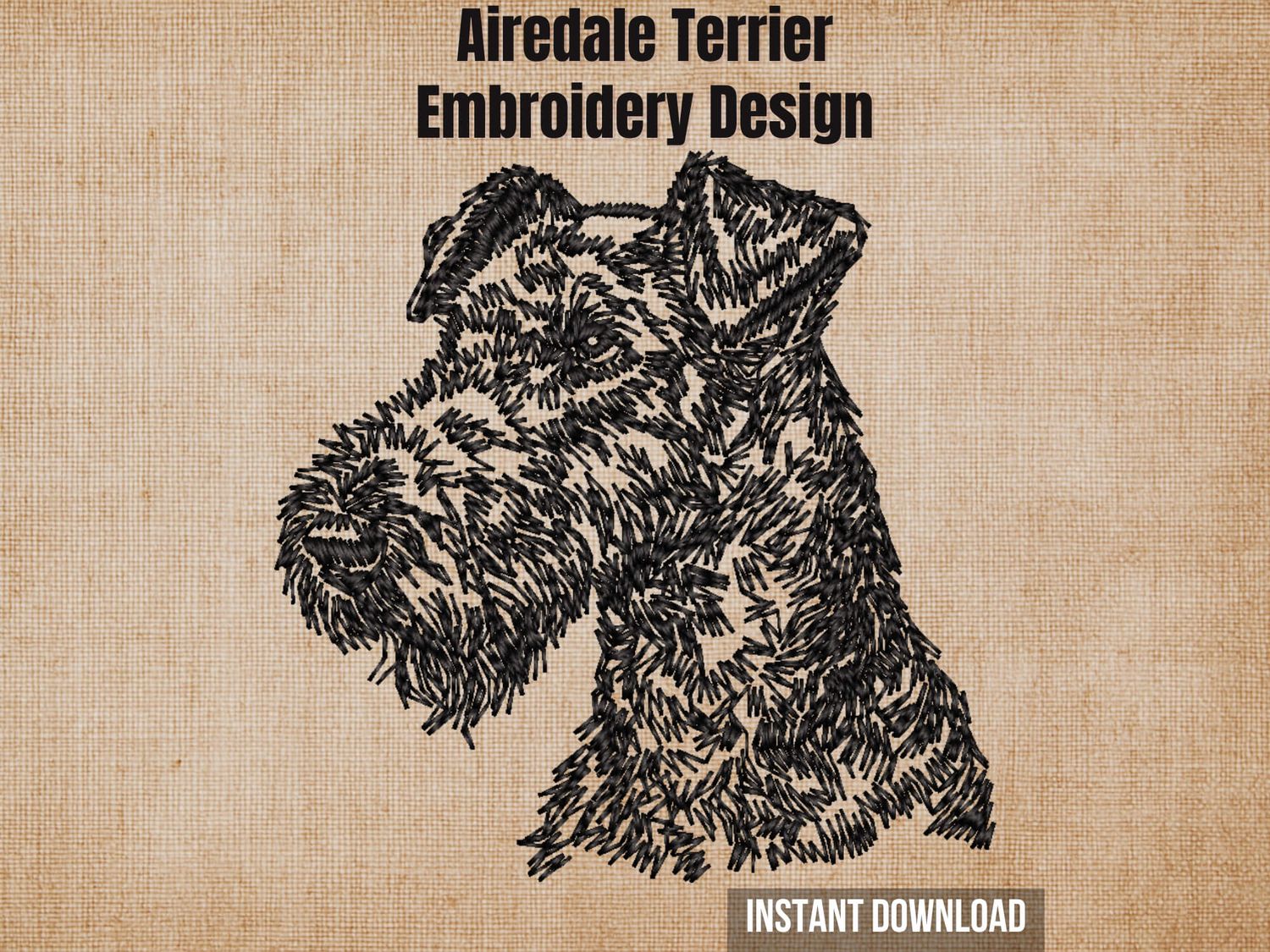 Cover graphic featuring an Airedale Terrier face embroidery on a textured burlap background.