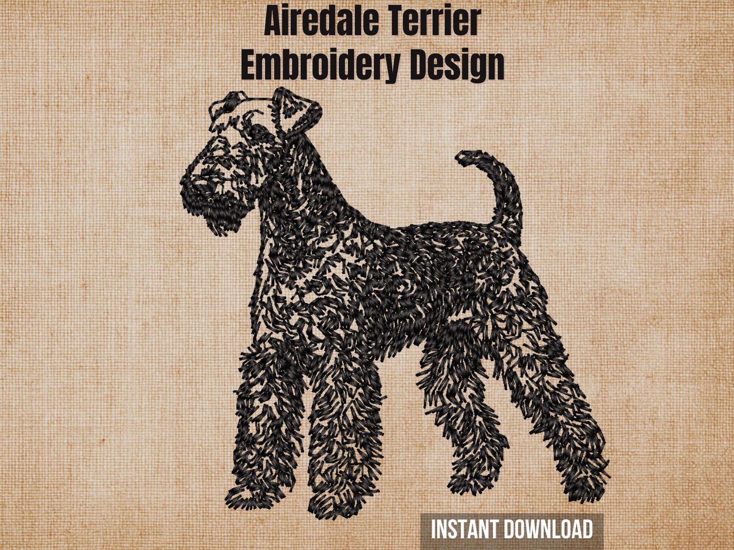 Cover graphic featuring a full-body Airedale Terrier embroidery on a textured burlap background.