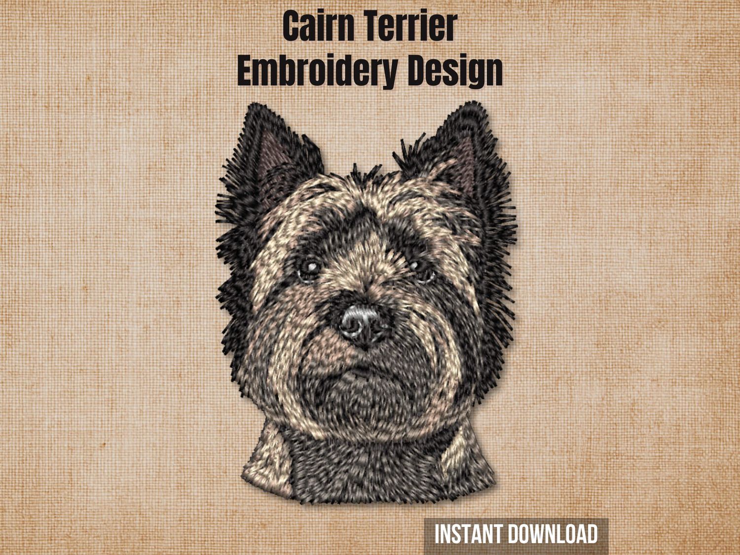 Graphic of a Cairn Terrier embroidery design on tan fabric with 'Instant Download' text.