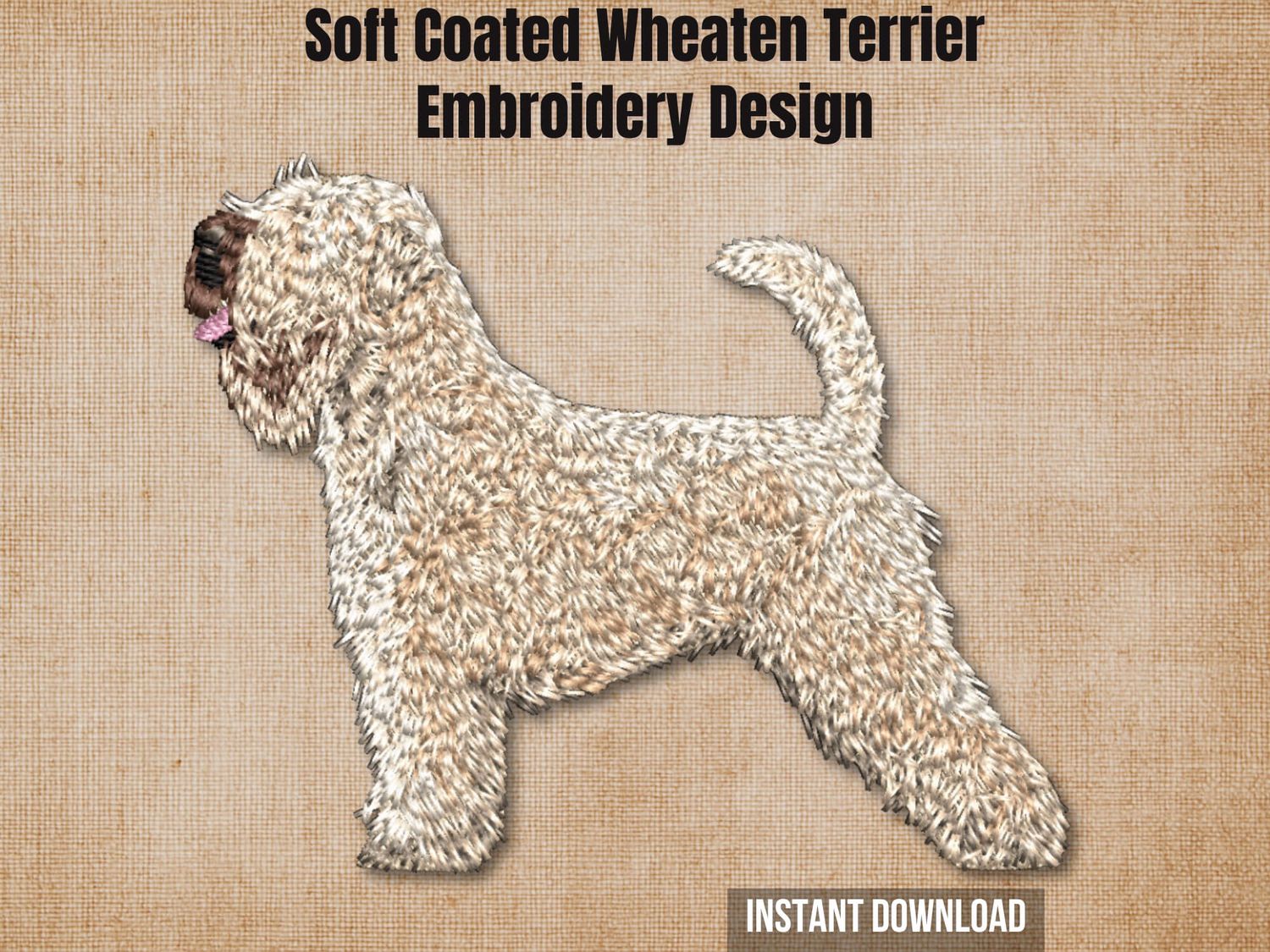Textured burlap background highlighting the Soft Coated Wheaten Terrier embroidery design with an instant download badge