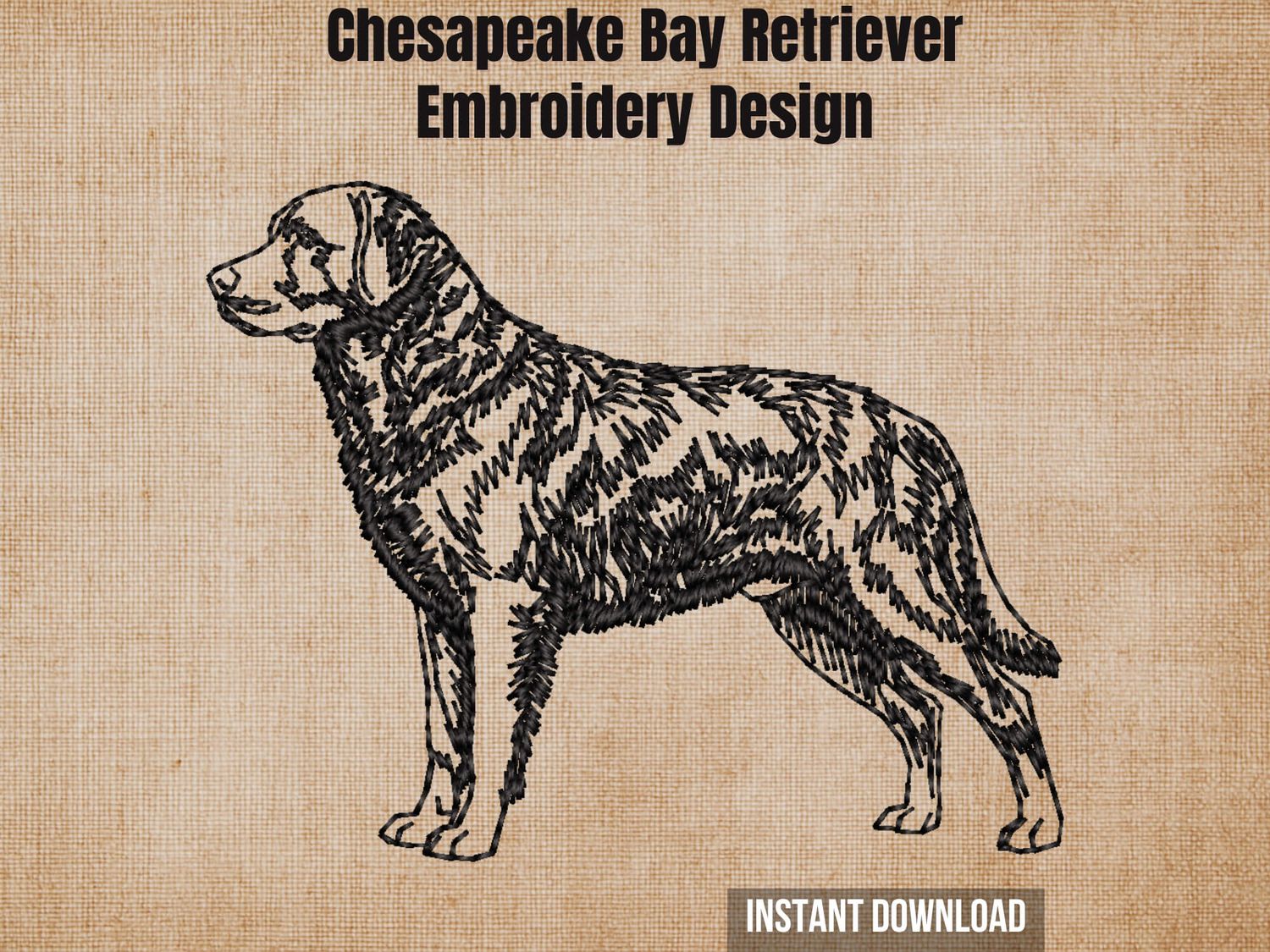 Cover graphic featuring a full-body side profile Chesapeake Bay Retriever embroidery on a textured burlap background.