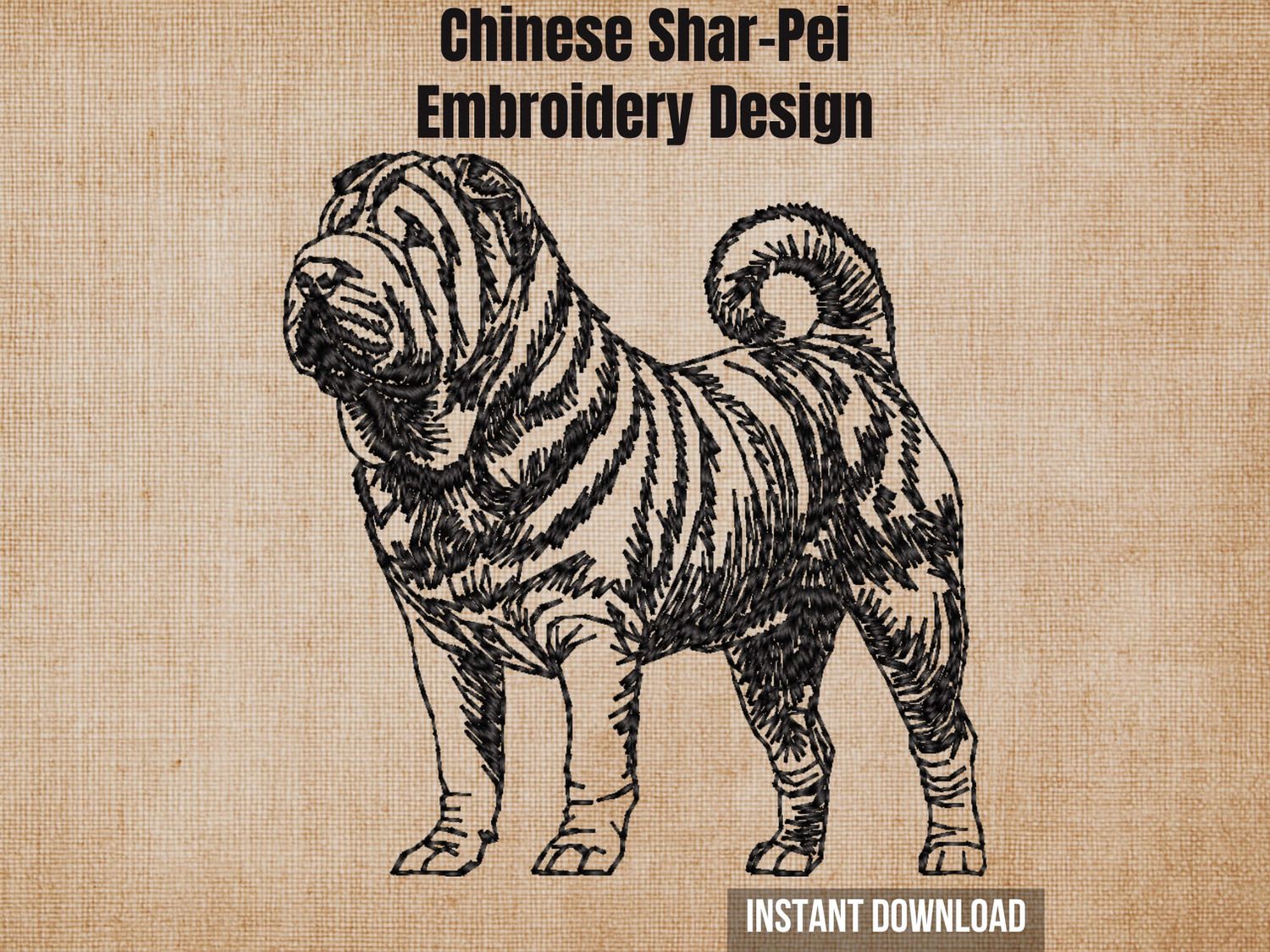 Cover graphic featuring a full-body Chinese Shar-Pei embroidery on a textured burlap background.