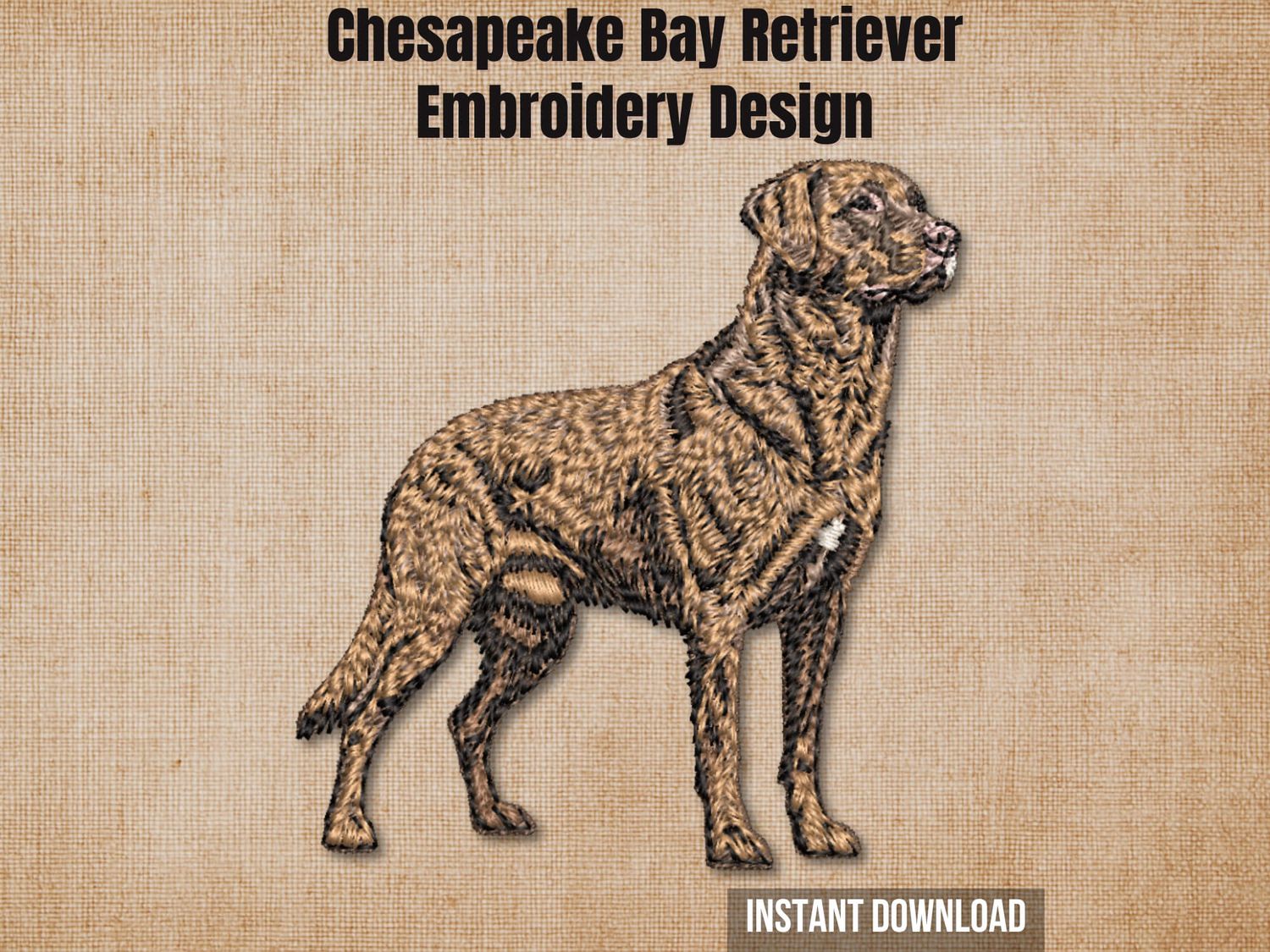 Textured natural burlap background highlighting the Chesapeake Bay Retriever embroidery design with an instant download badge