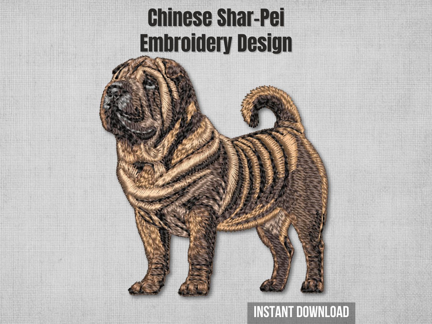 Shar Pei dog embroidery design - detailed wrinkled breed portrait with realistic texture for machine embroidery files
