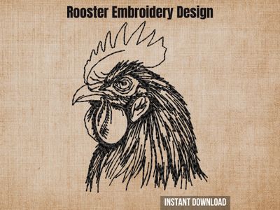 Rooster embroidery design, black outline of a rooster's head on a tan background, farm animal-inspired sketch for bird lovers and home decor projects.