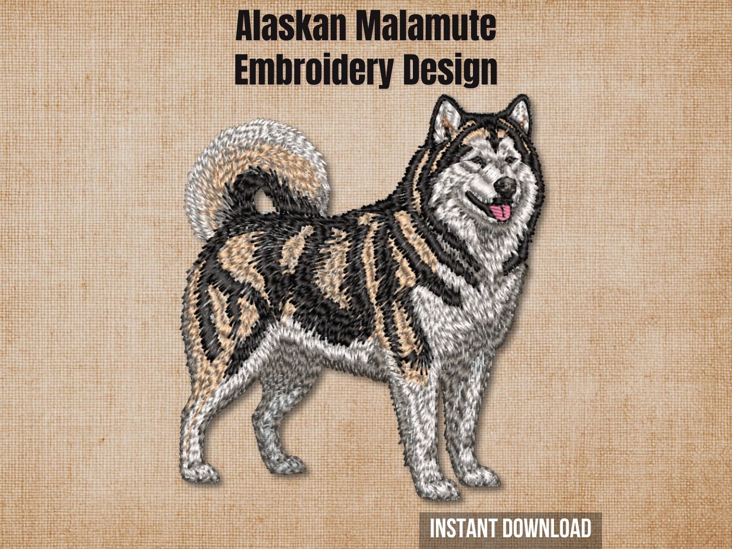 Graphic of an Alaskan Malamute full-body embroidery design on tan fabric with text.