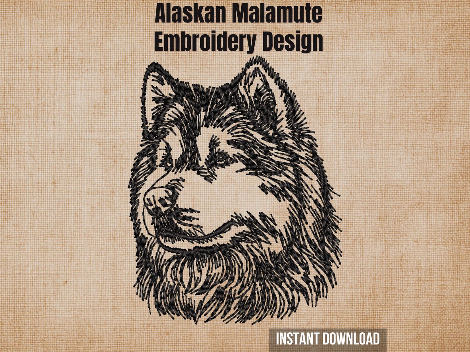 Cover graphic featuring an Alaskan Malamute face embroidery on a textured burlap background.