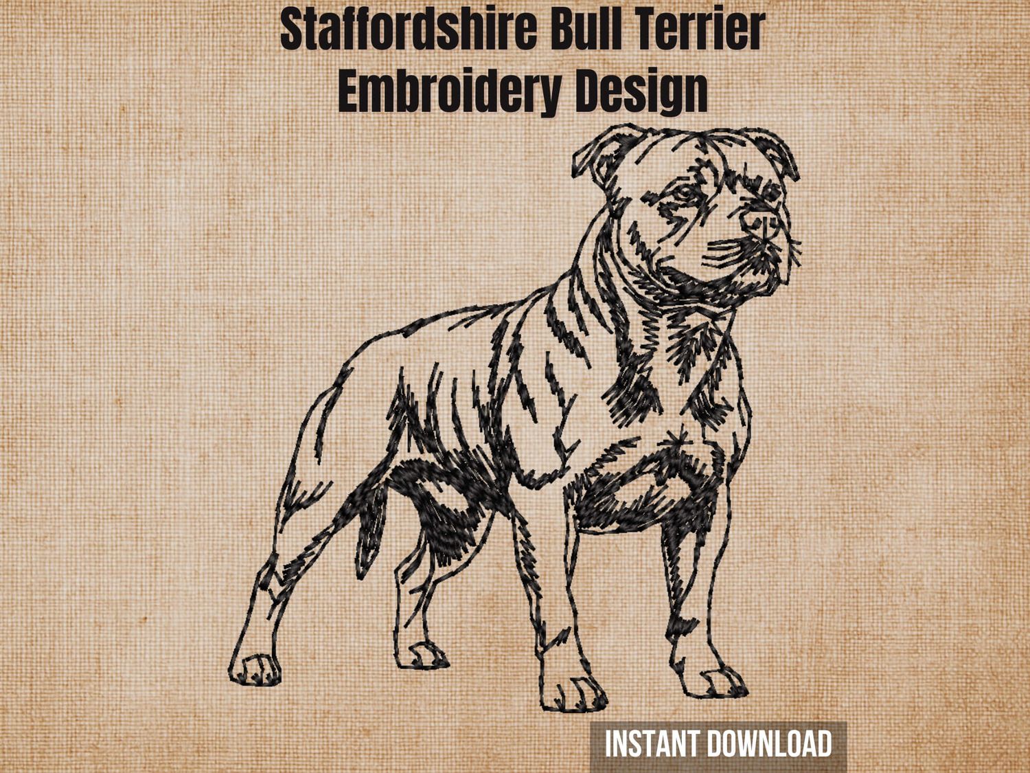 Textured burlap background highlighting the Staffordshire Bull Terrier embroidery design with an instant download badge