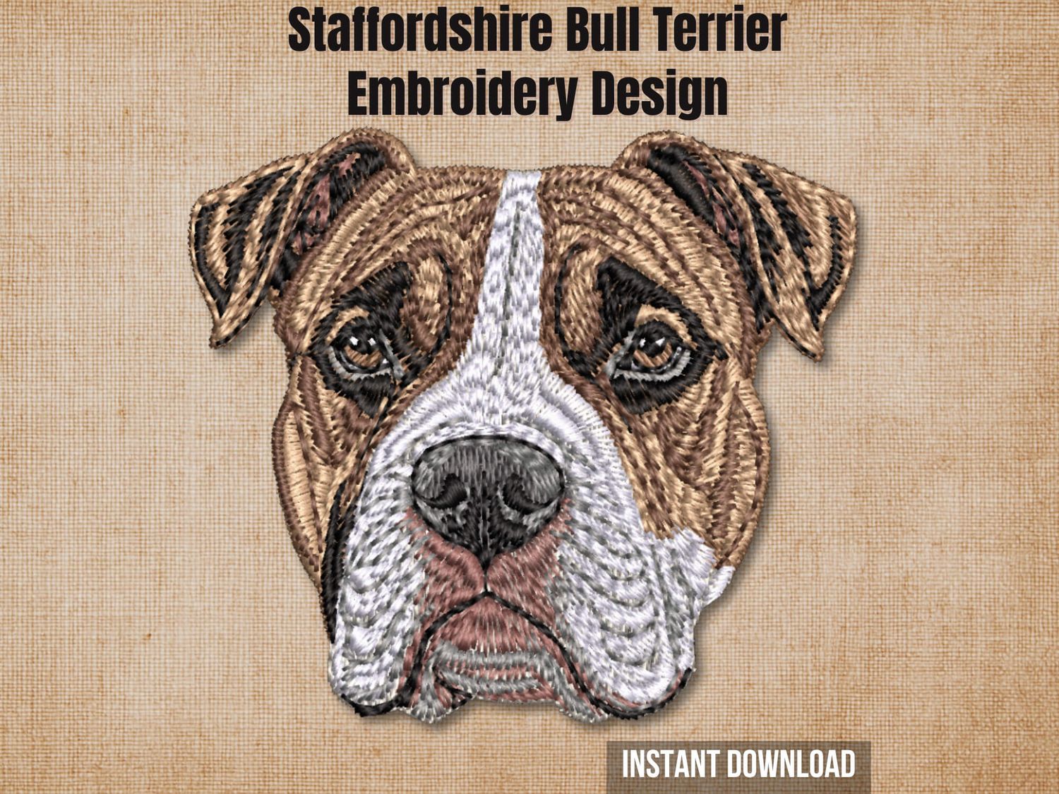 Cover graphic featuring a Staffordshire Bull Terrier embroidery on a textured burlap background.