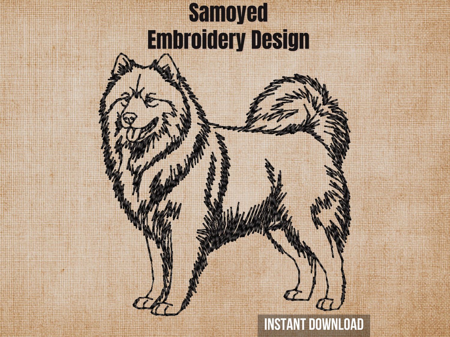 Cover graphic featuring a full-body Samoyed embroidery on a textured burlap background.