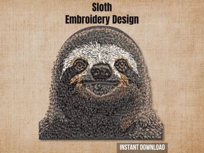 Graphic of a sloth head embroidery design on tan fabric with 'Instant Download' text.