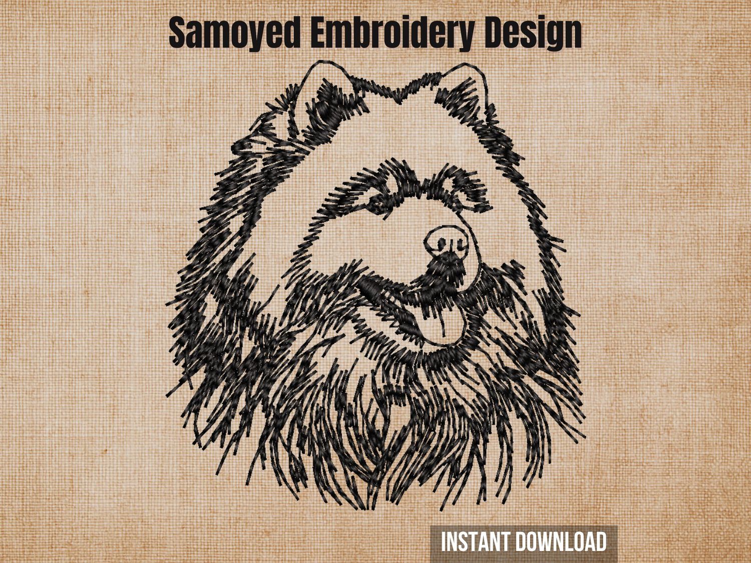 Samoyed embroidery design, black outline of a Samoyed's face on a beige background with detailed fur texture and facial features.