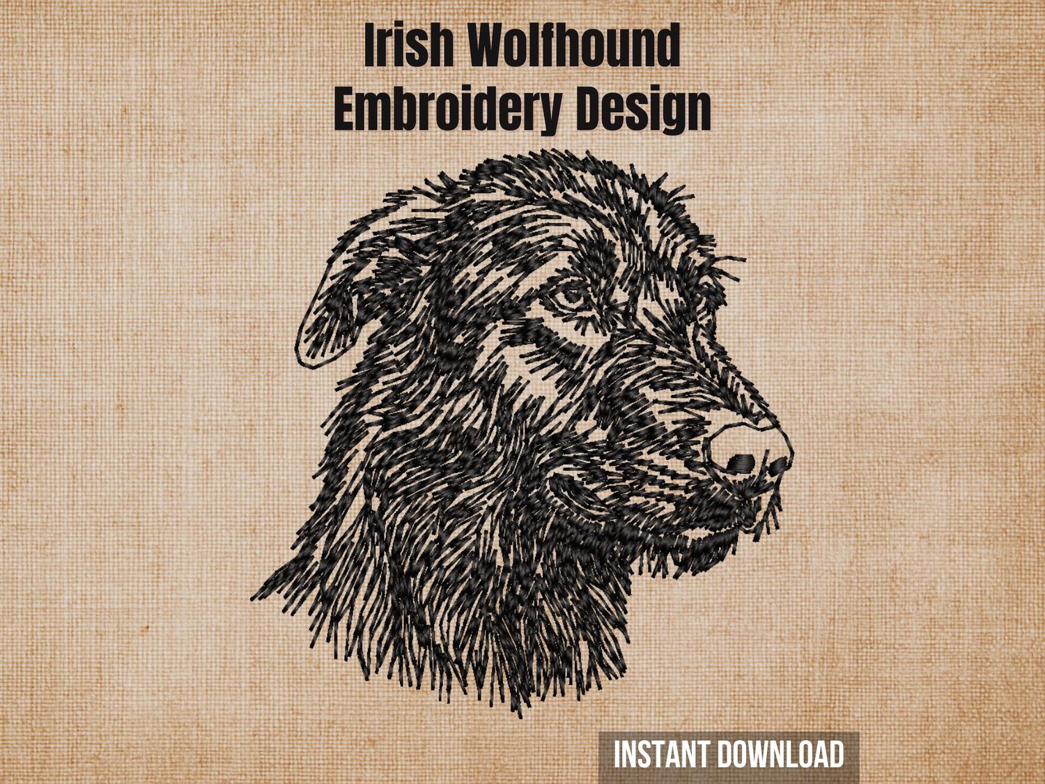 Irish Wolfhound embroidery design, black outline of a dog's head on a beige background, showcasing breed's wiry coat and gentle expression.