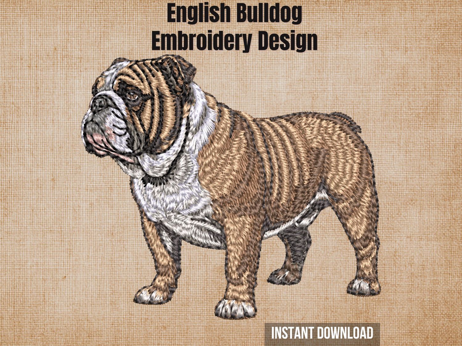 Cover graphic featuring a full-body side view English Bulldog embroidery on a textured burlap background.
