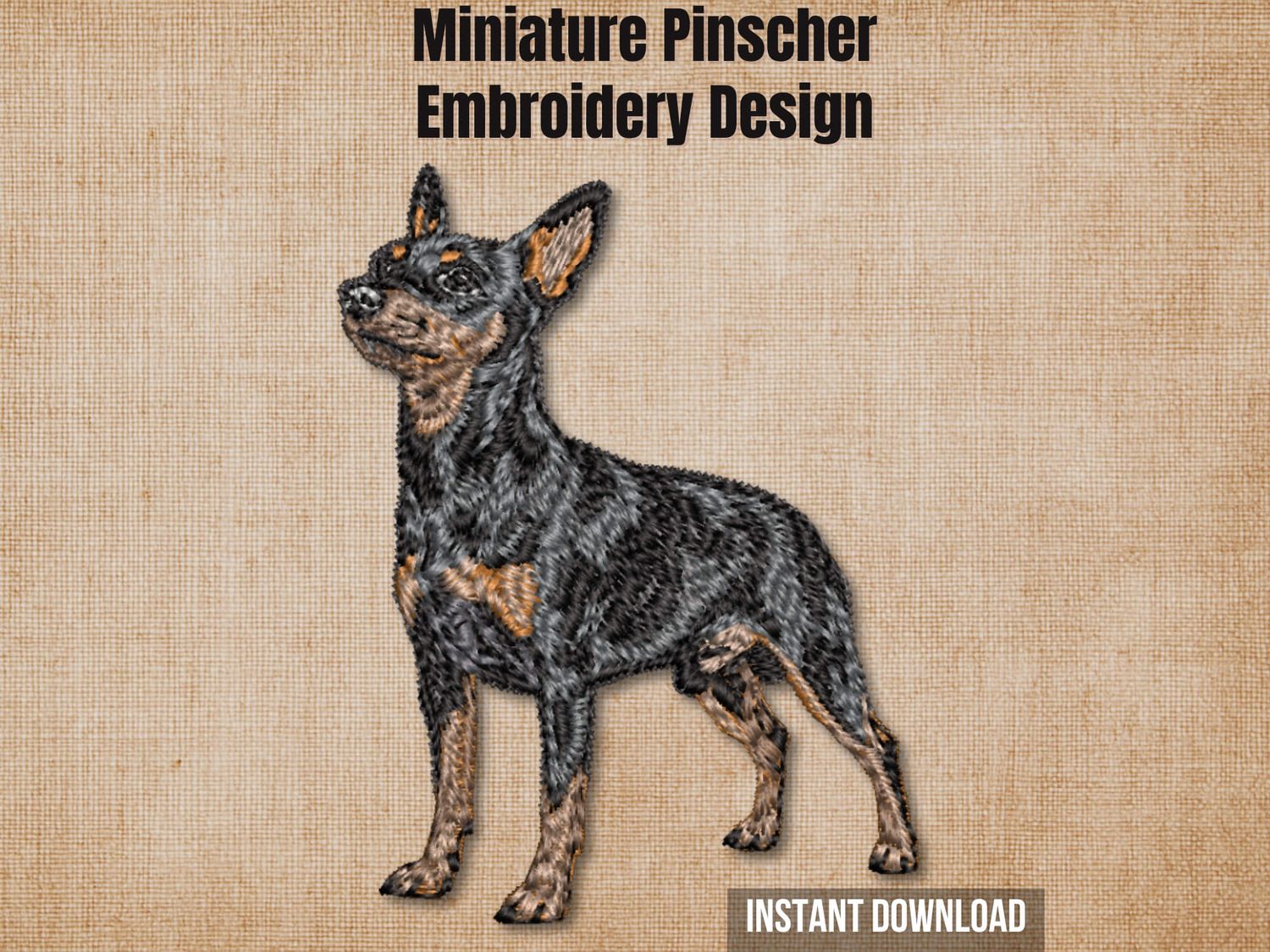 Cover graphic featuring a full-field black and tan Miniature Pinscher embroidery on a textured burlap background.