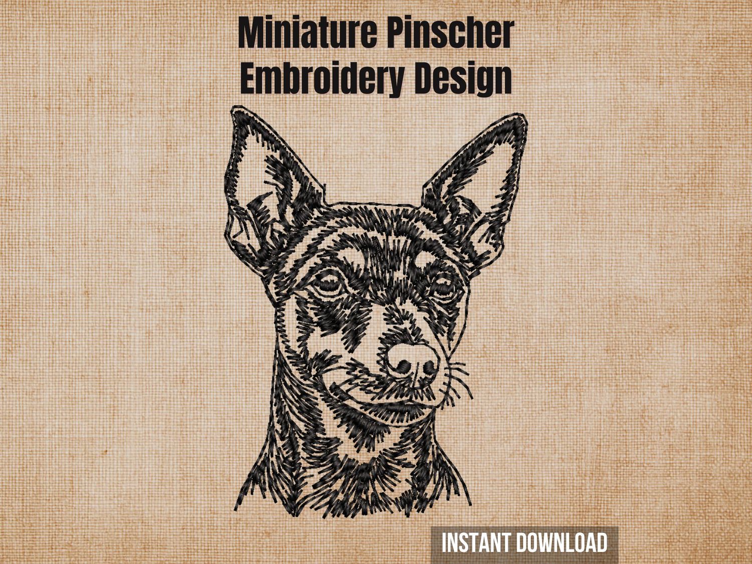 Miniature Pinscher embroidery design, black dog face outline sketch on tan background.