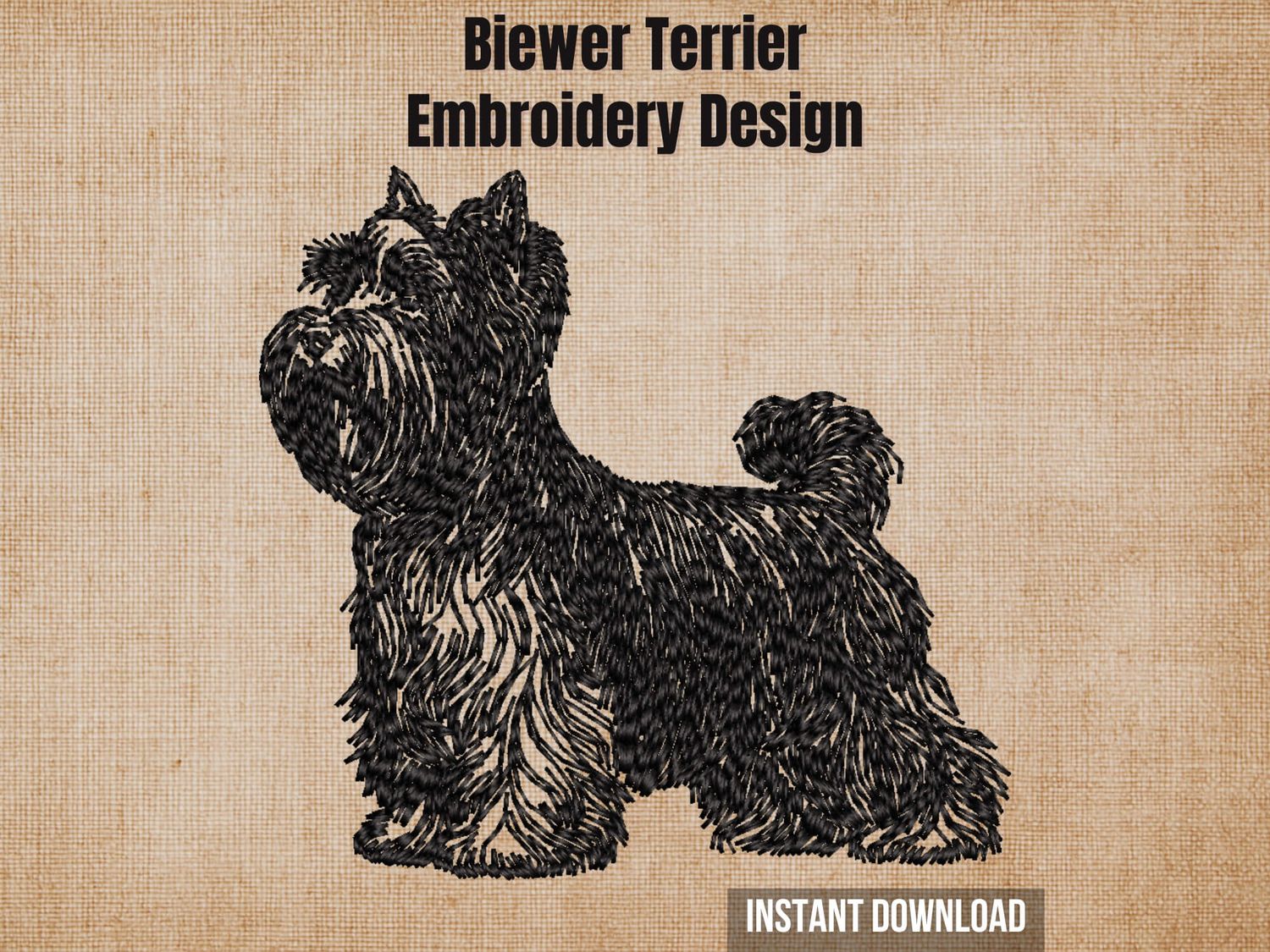 Graphic of a Biewer Terrier full-body embroidery design on tan fabric with 'Instant Download' text.