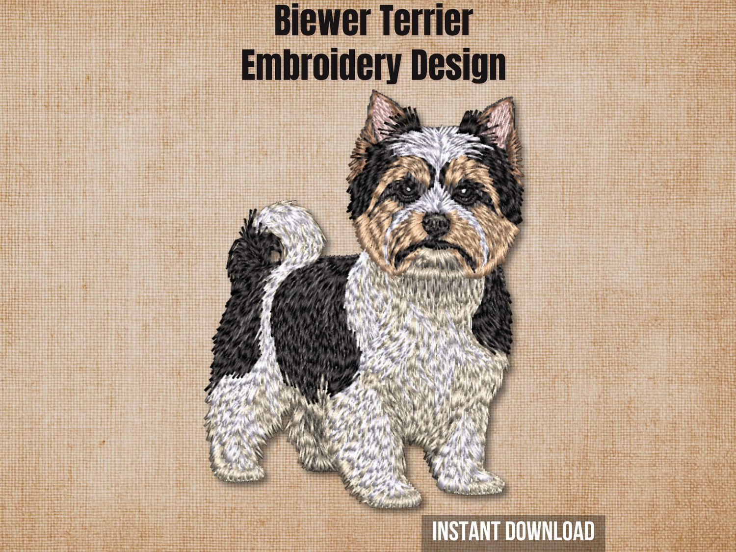 Cover graphic featuring a full-body 3/4 view Biewer Terrier embroidery on a textured burlap background.
