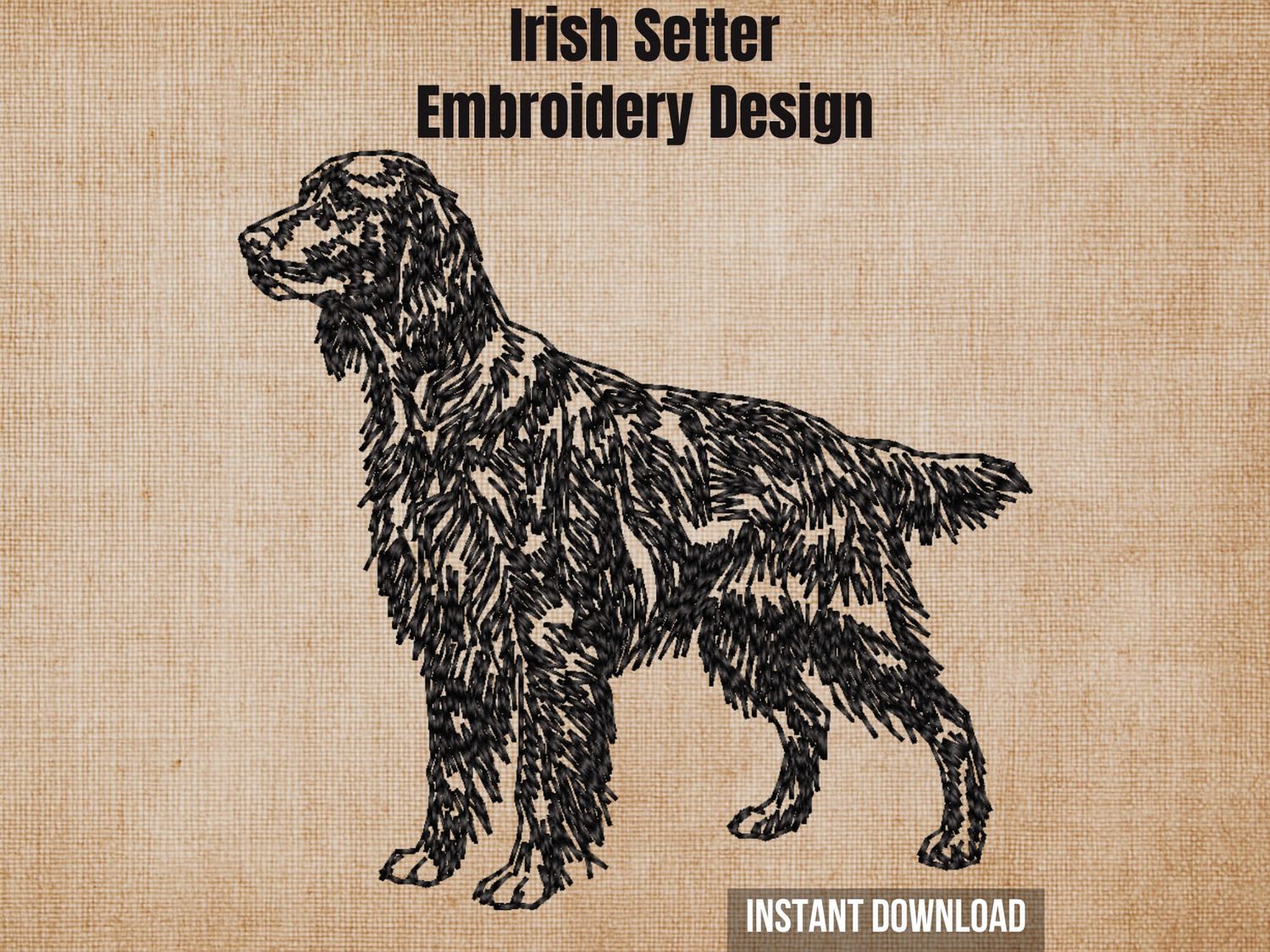Textured natural burlap background highlighting the Irish Setter embroidery design with an instant download badge