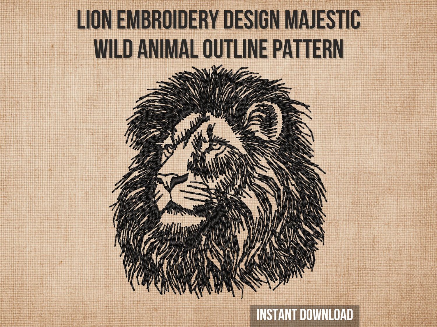 Black line embroidery of a lion head with detailed mane and strong facial features on a light fabric background.