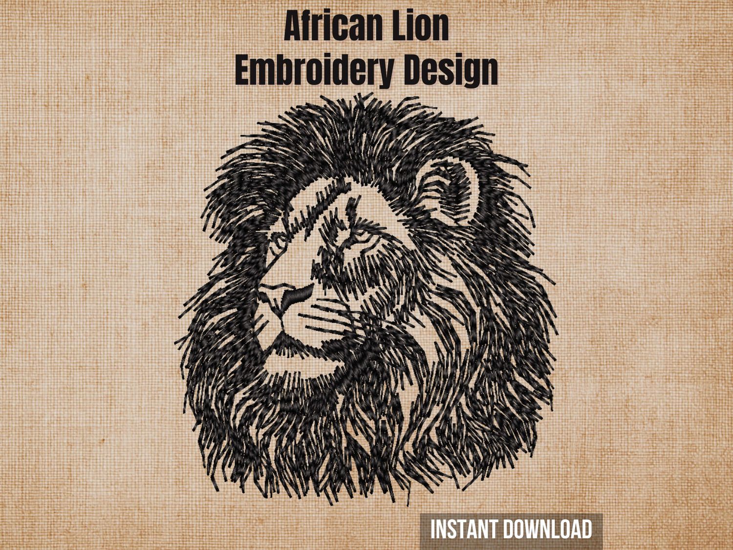 Graphic of an African lion head embroidery design on tan fabric with 'Instant Download' text.