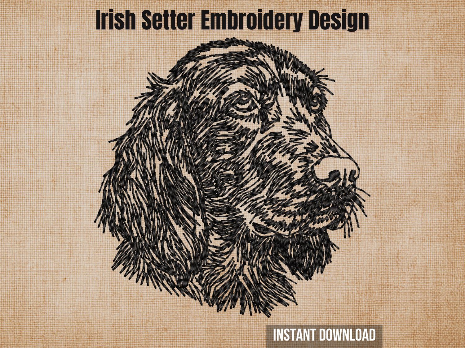 Irish Setter embroidery design, black outline of an Irish Setter's head on a beige background.