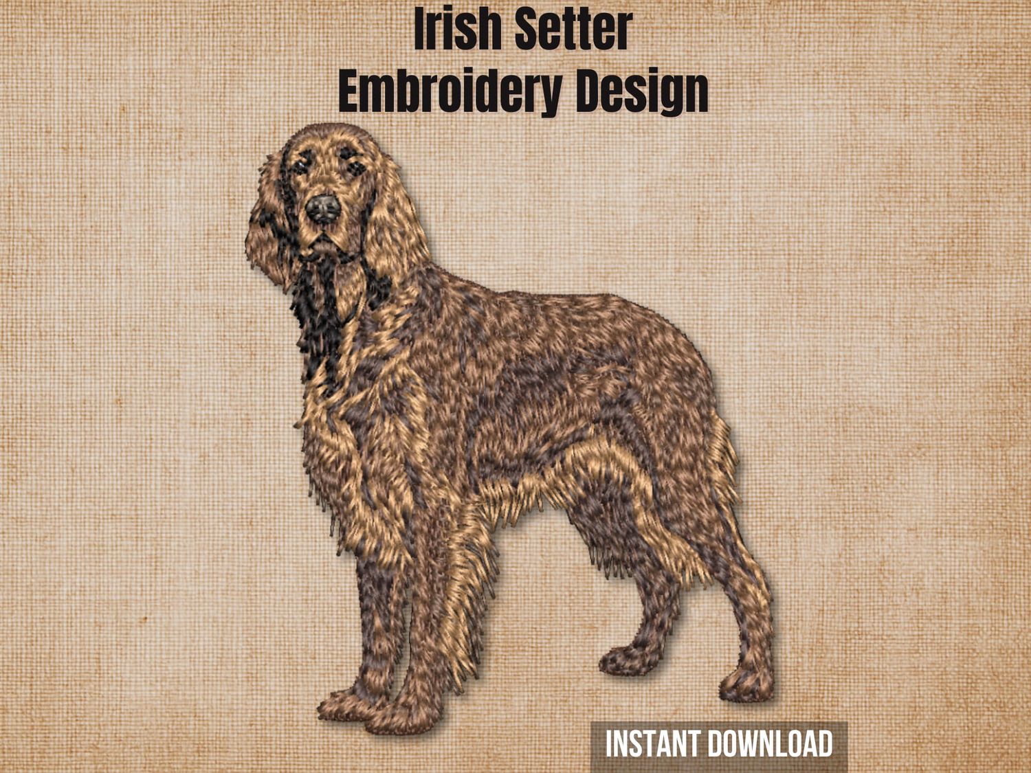 Textured natural burlap background highlighting the Irish Setter embroidery design with an instant download badge