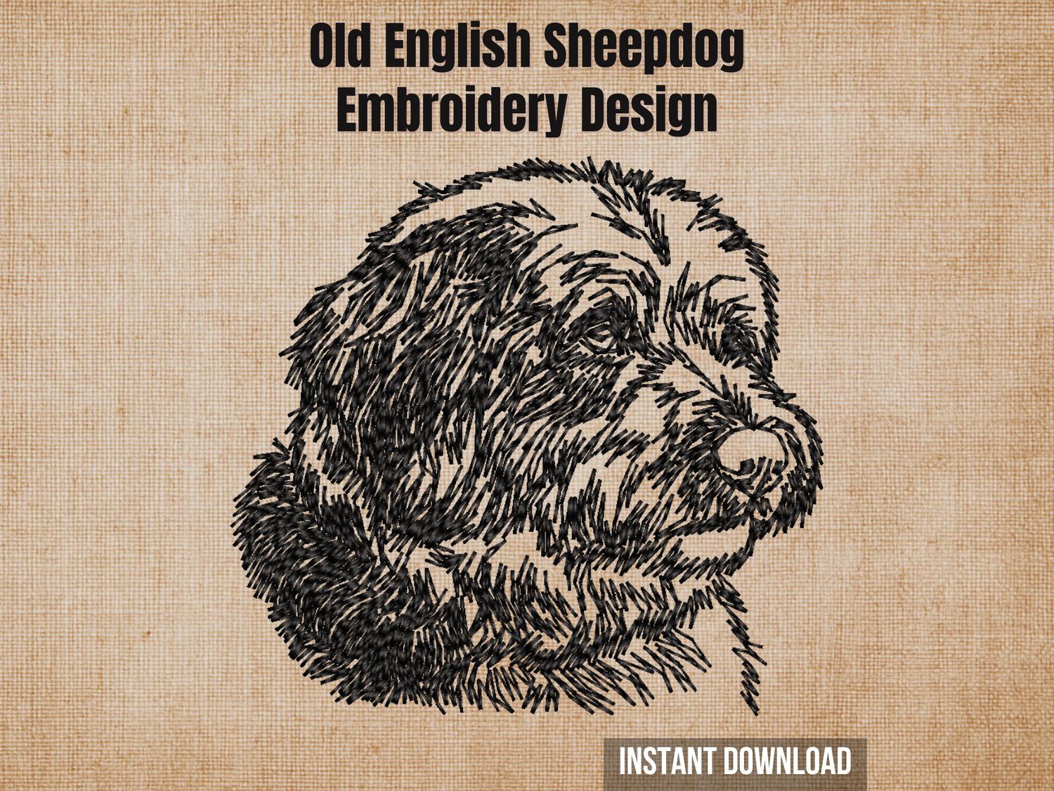 Old English Sheepdog embroidery design featuring a detailed, shaggy dog face outline in black on a beige background.