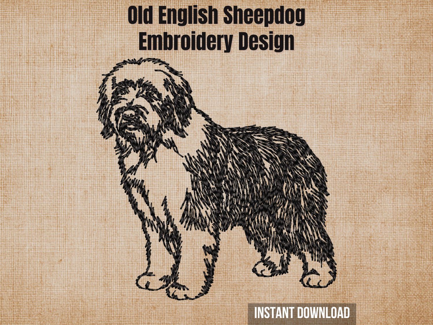 Graphic of an Old English Sheepdog embroidery design on tan fabric with 'Instant Download' text.