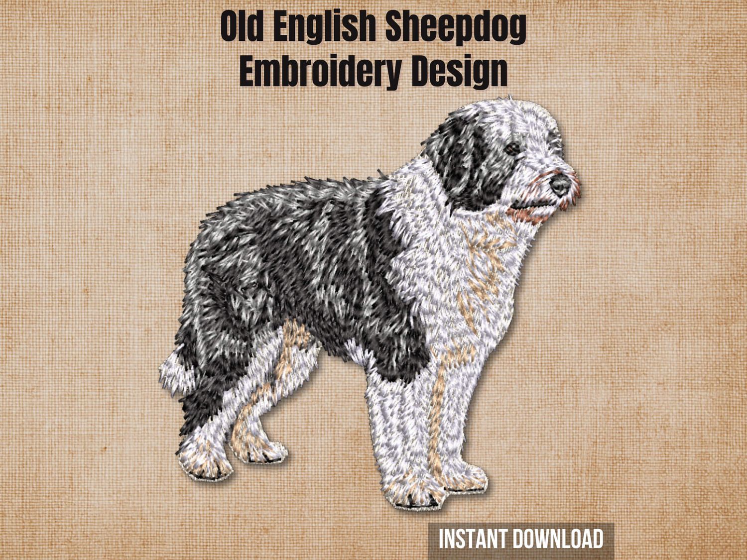 Graphic of an Old English Sheepdog embroidery design on tan fabric with 'Instant Download' text.