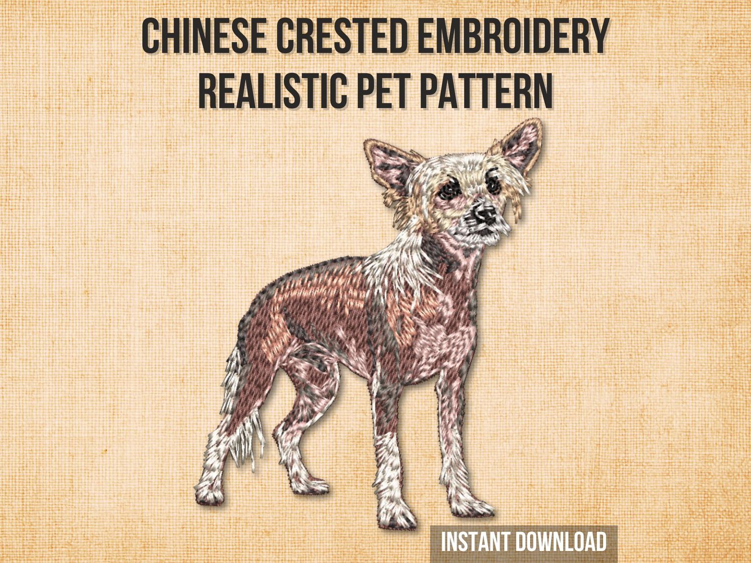 Embroidery of a Chinese Crested with pink and cream tones, detailed fur texture, and shading on a light fabric background.