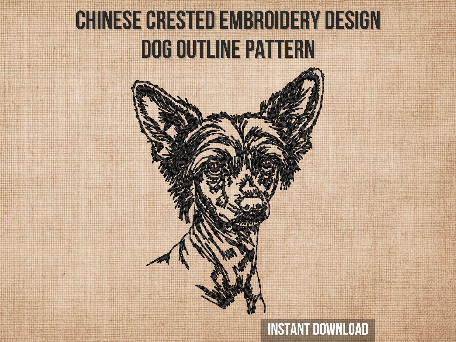 Black line embroidery of a Chinese Crested dog head with large ears and detailed facial features on a light fabric background