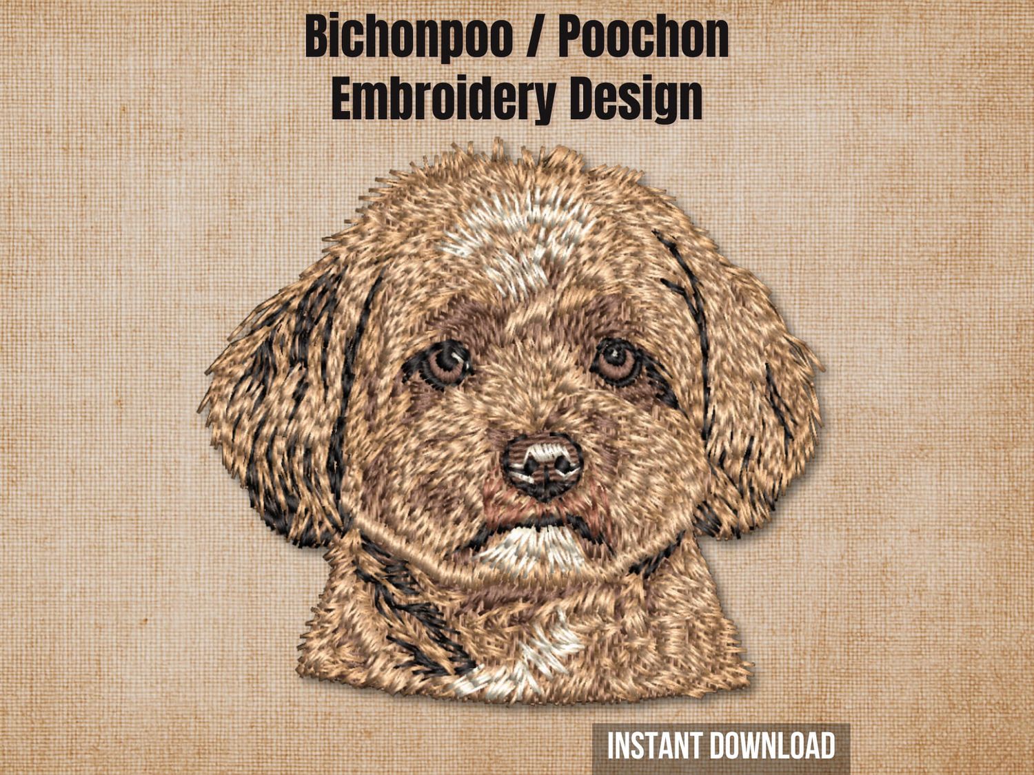 Graphic of a Bichonpoo embroidery design on tan fabric with 'Instant Download' text.
