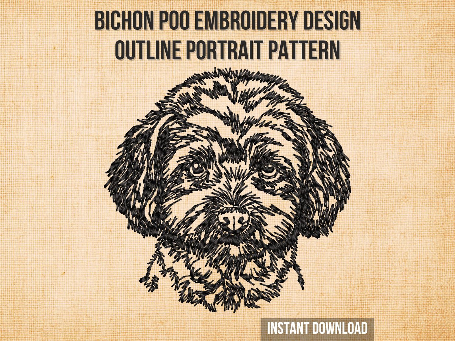 Black line embroidery of a fluffy Bichon Poo dog head with curly fur and detailed stitching on a light fabric background.