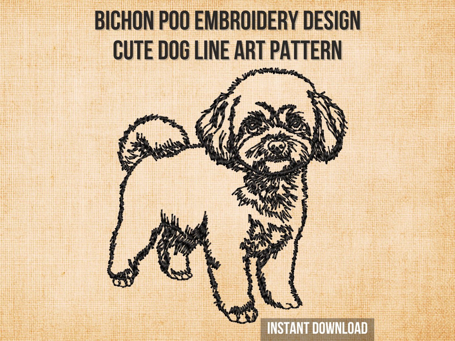 Black line embroidery of a fluffy Bichon Poo dog with curly fur and a cheerful expression on a light fabric background.
