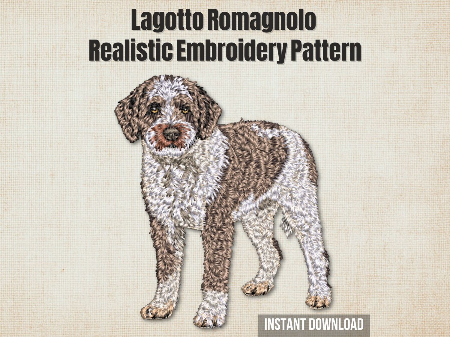 Lagotto Romagnolo embroidery in brown and white thread with curly fur texture and bright eyes on a light fabric background.