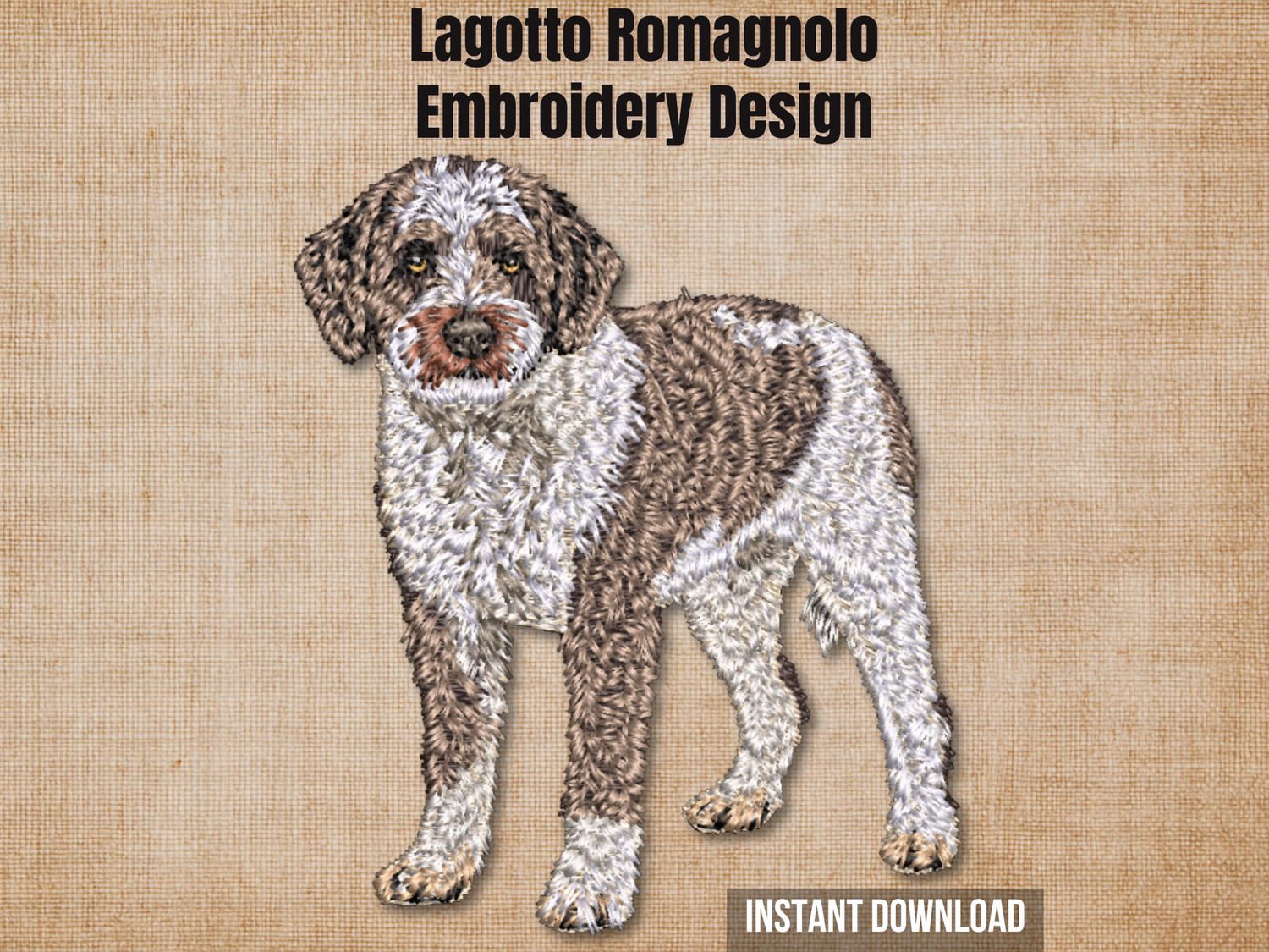 Cover graphic featuring a full-body 3/4 view Lagotto Romagnolo embroidery on a textured burlap background.