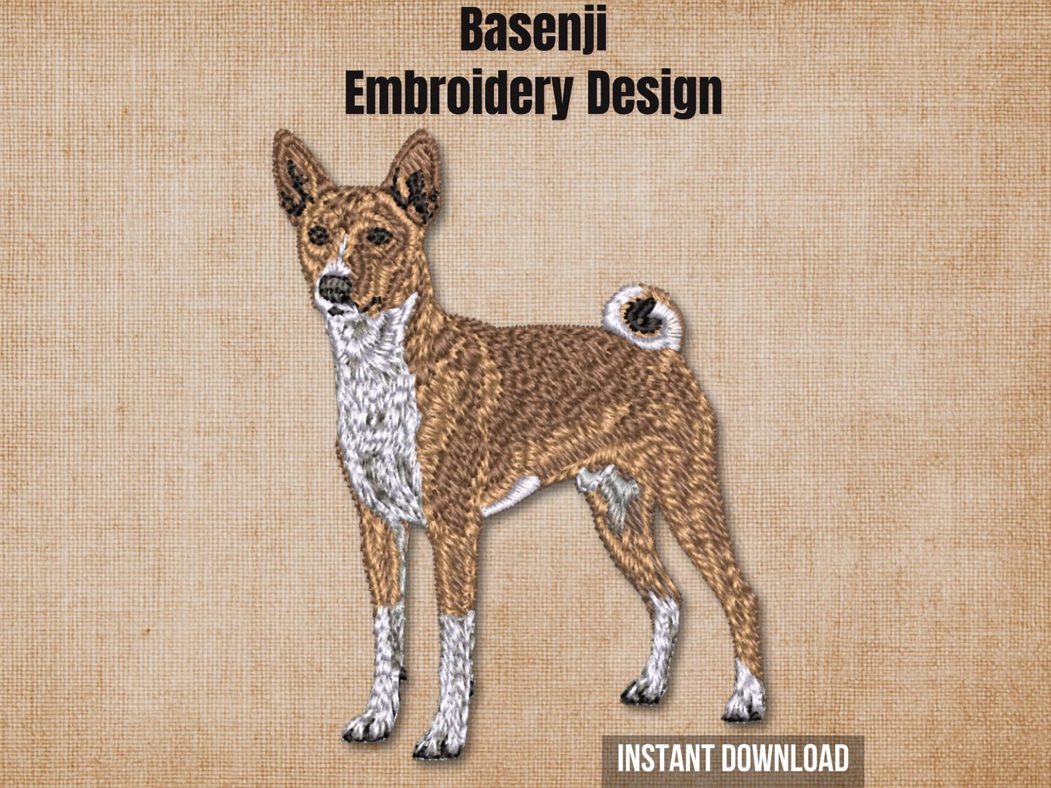 Cover graphic featuring a full-body Basenji embroidery on a textured burlap background.