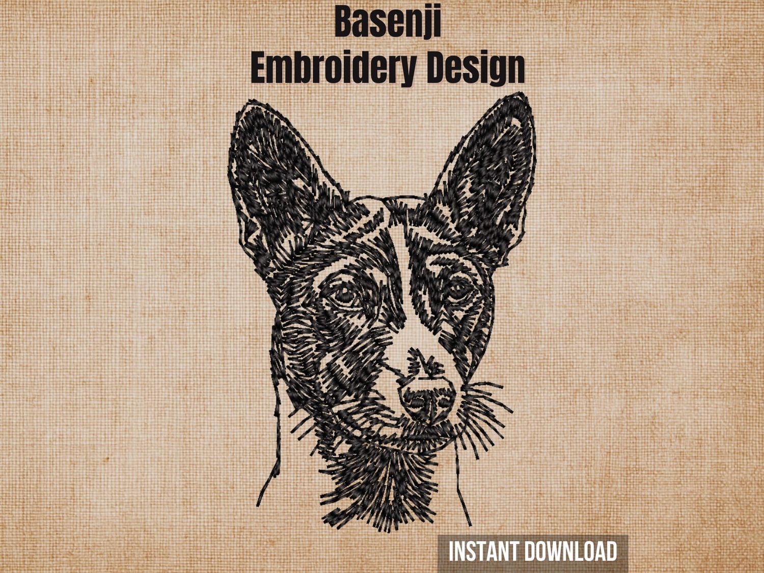 Textured natural burlap background highlighting the Basenji embroidery design with an instant download badge